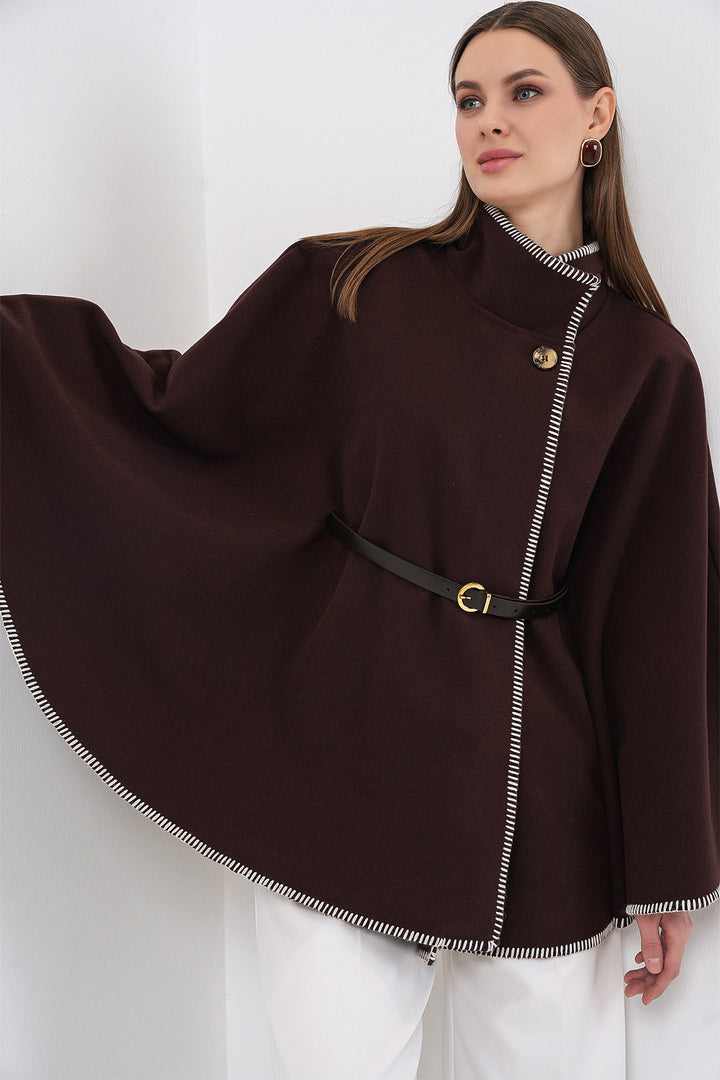 BGD Women Woman's Stitch Detailed Cape Coat 9166 - Brown - La Rinconada