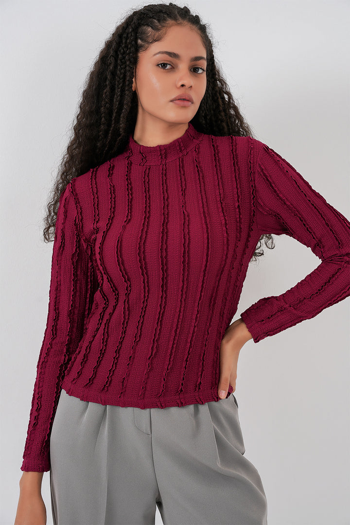BGD Women Women's Textured Flexible Knit Blouse 975 - Burgundy - Kentwood