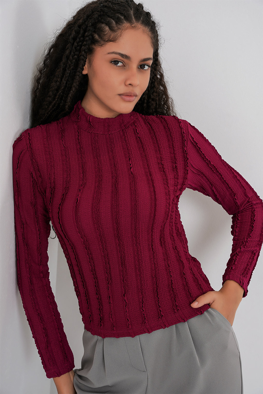 BGD Women Women's Textured Flexible Knit Blouse 975 - Burgundy - Kentwood