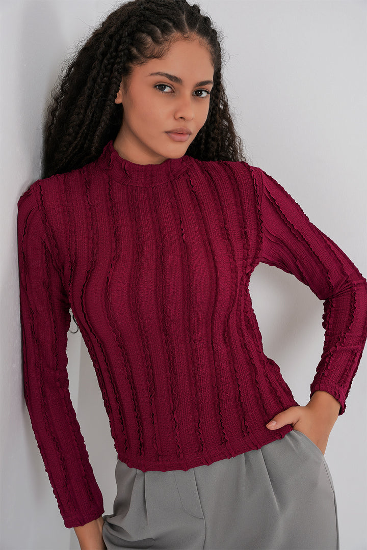 BGD Women Women's Textured Flexible Knit Blouse 975 - Burgundy - Kentwood