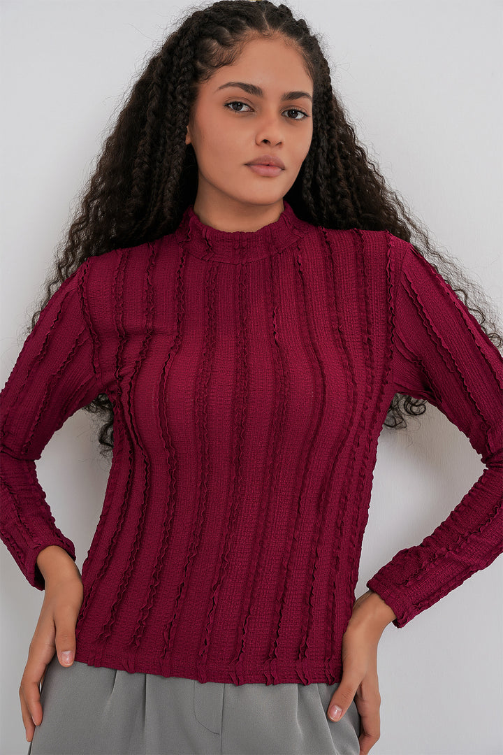 BGD Women Women's Textured Flexible Knit Blouse 975 - Burgundy - Kentwood