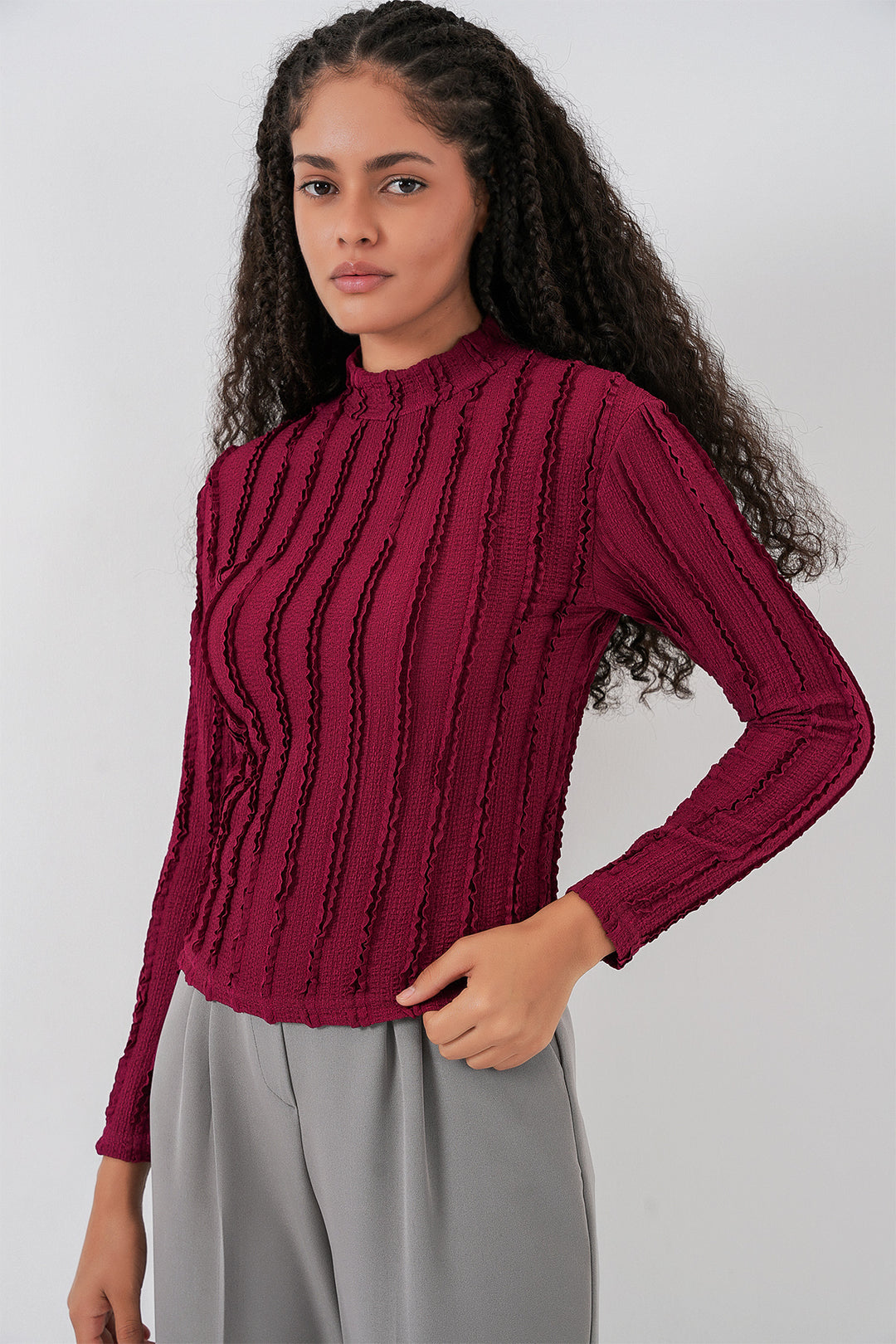 BGD Women Women's Textured Flexible Knit Blouse 975 - Burgundy - Kentwood