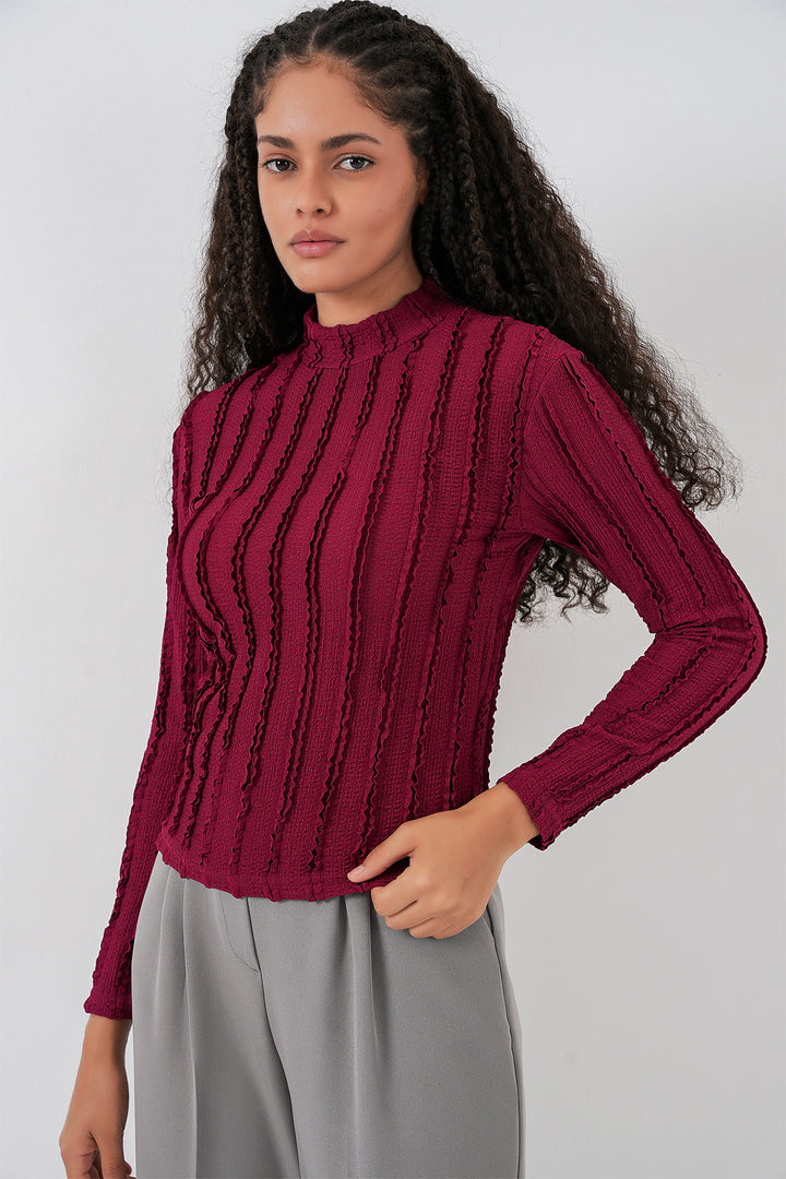 BGD Women Women's Textured Flexible Knit Blouse 975 - Burgundy - Kentwood