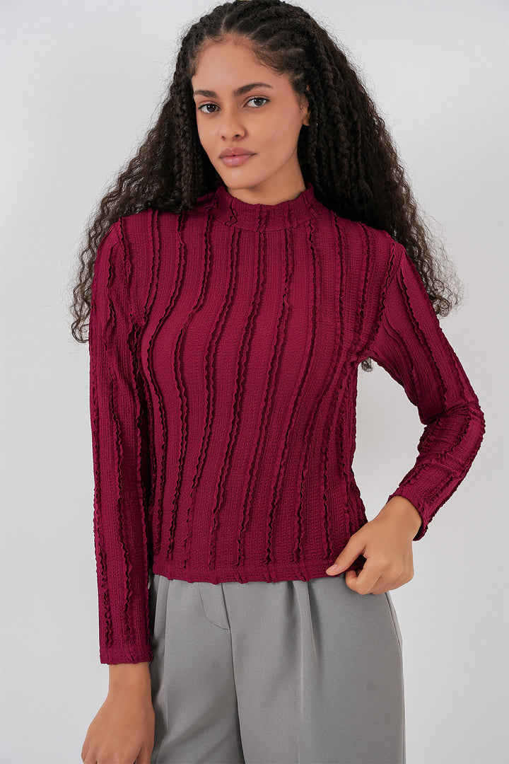 BGD Women Women's Textured Flexible Knit Blouse 975 - Burgundy - Kentwood