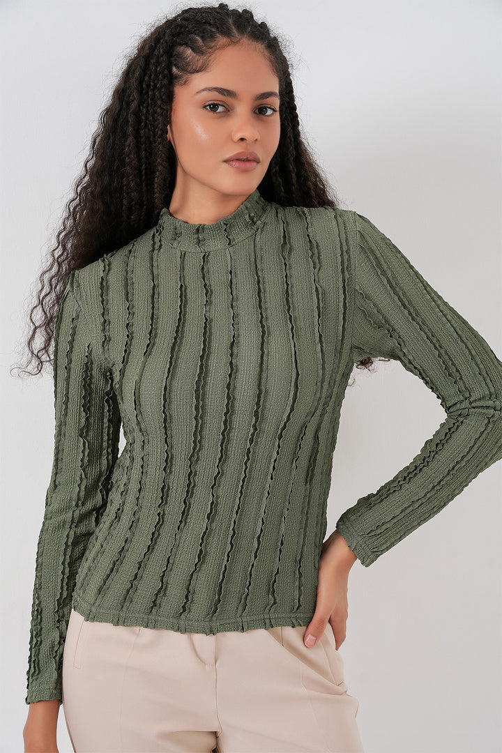 BGD Women Women's Textured Flexible Knit Blouse 975 - Khaki - Brixton