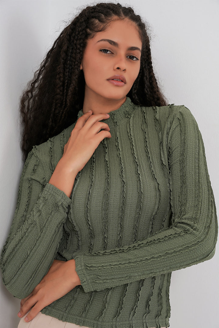 BGD Women Women's Textured Flexible Knit Blouse 975 - Khaki - Brixton