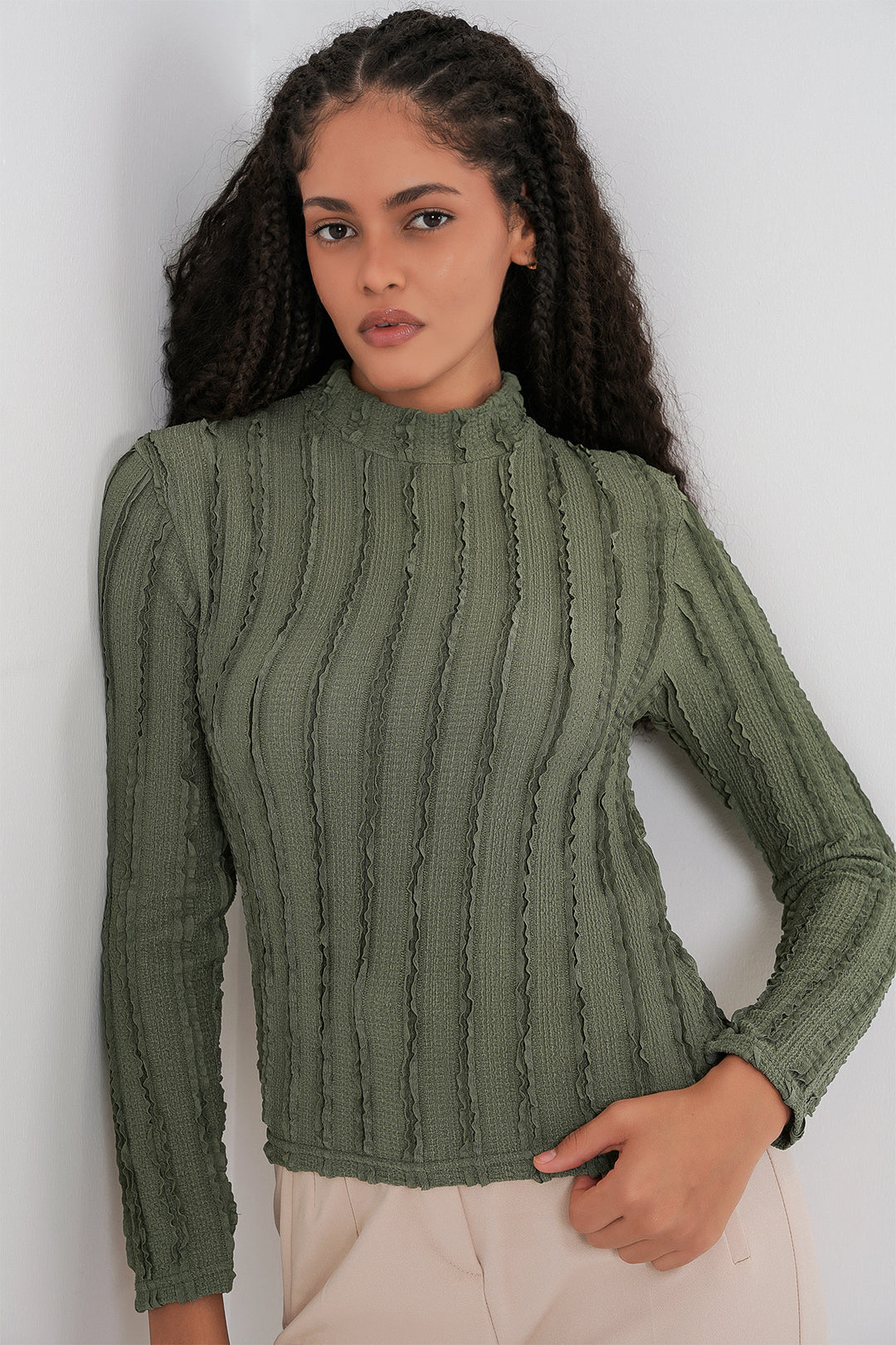 BGD Women Women's Textured Flexible Knit Blouse 975 - Khaki - Brixton