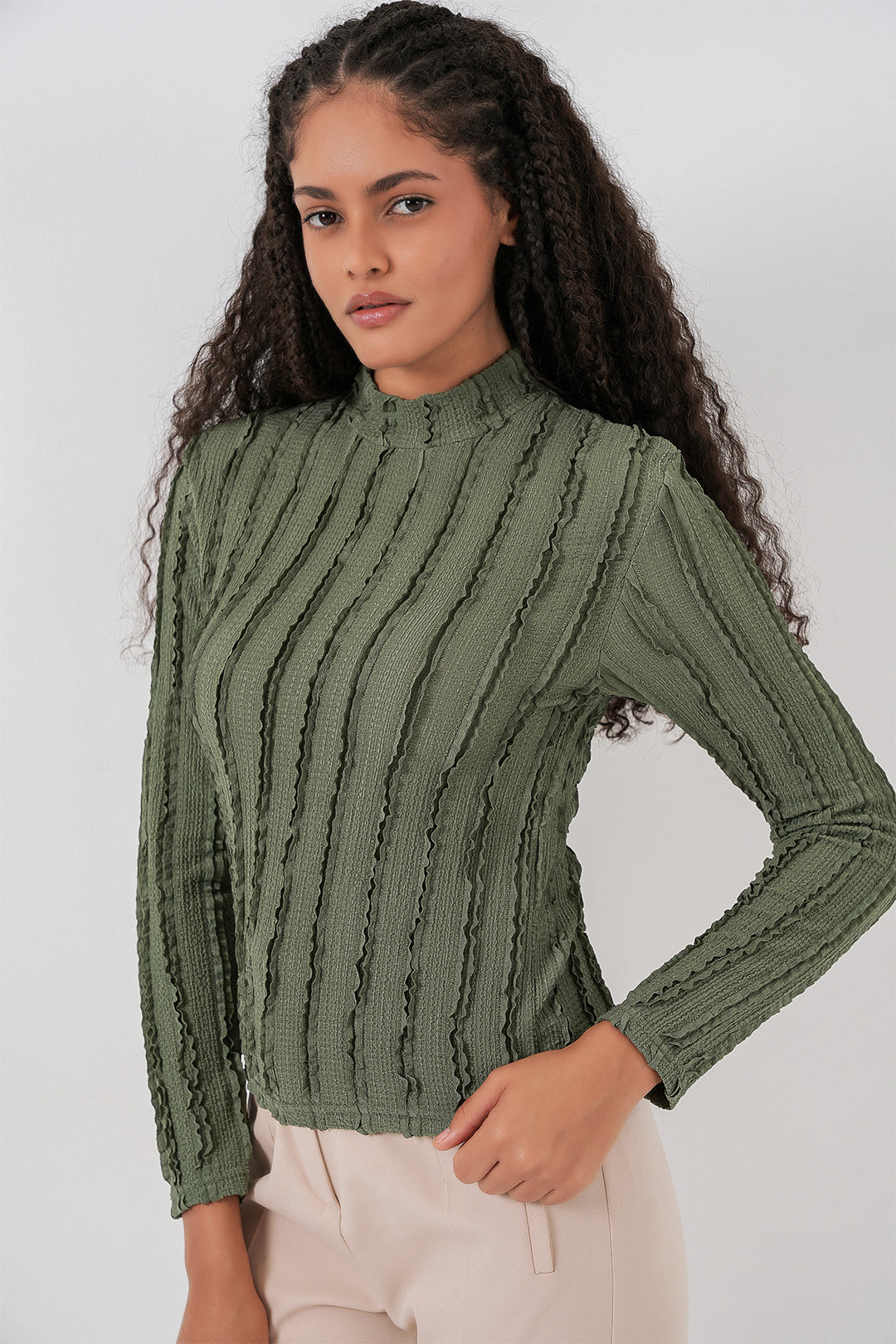 BGD Women Women's Textured Flexible Knit Blouse 975 - Khaki - Brixton