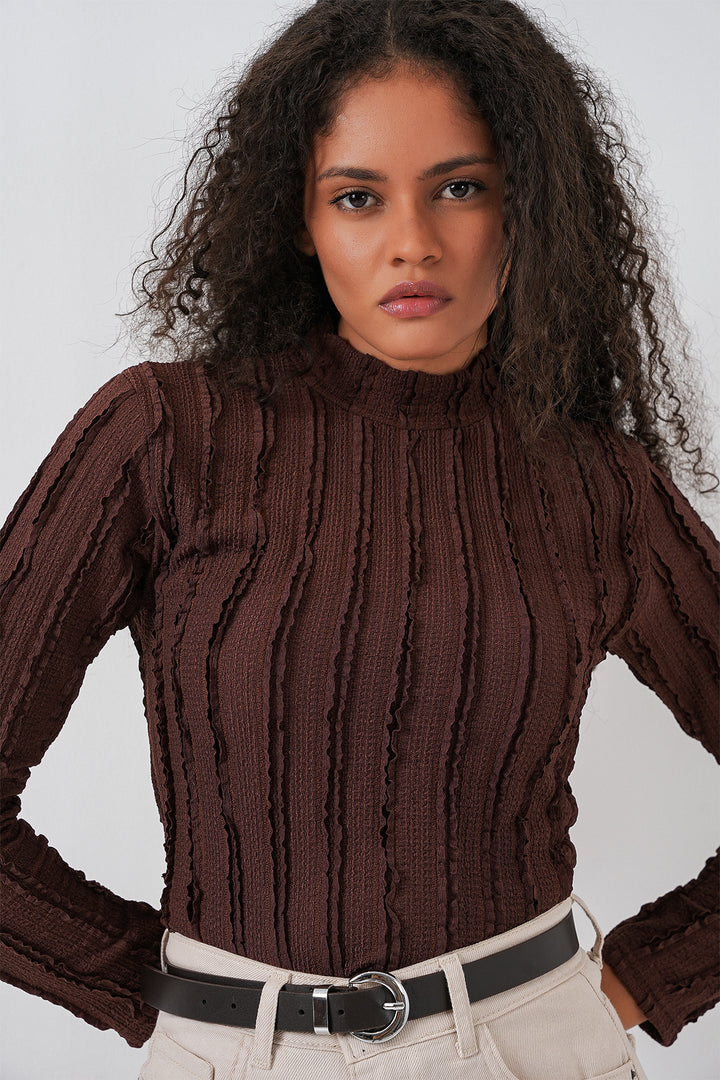 BGD Women Women's Textured Knit Flexible Blouse 975 - Brown - Davis