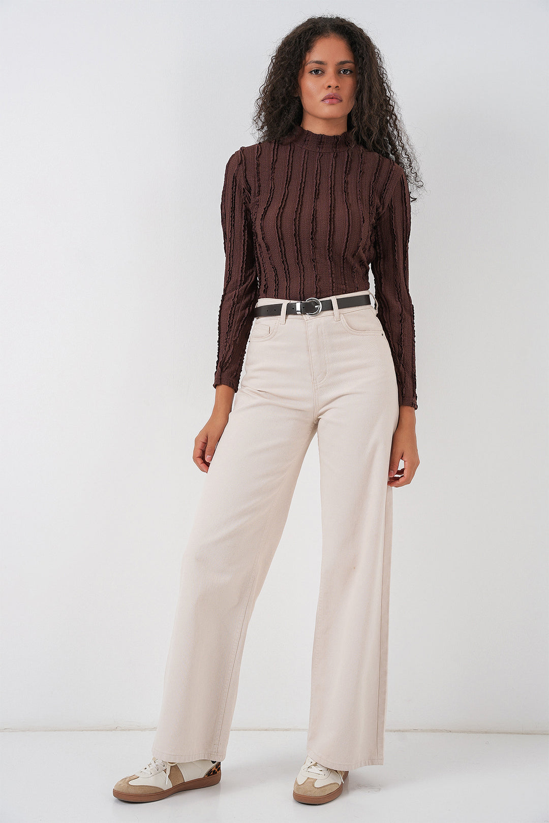 BGD Women Women's Textured Knit Flexible Blouse 975 - Brown - Davis