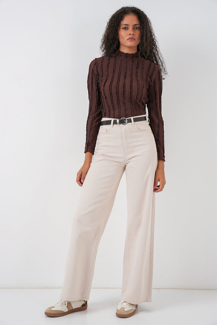 BGD Women Women's Textured Knit Flexible Blouse 975 - Brown - Davis