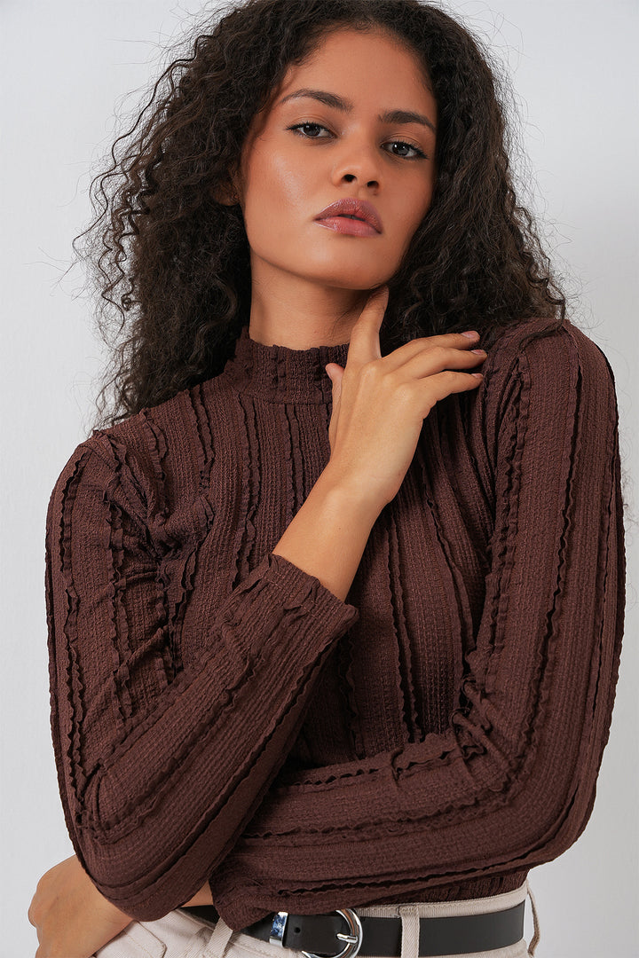 BGD Women Women's Textured Knit Flexible Blouse 975 - Brown - Davis