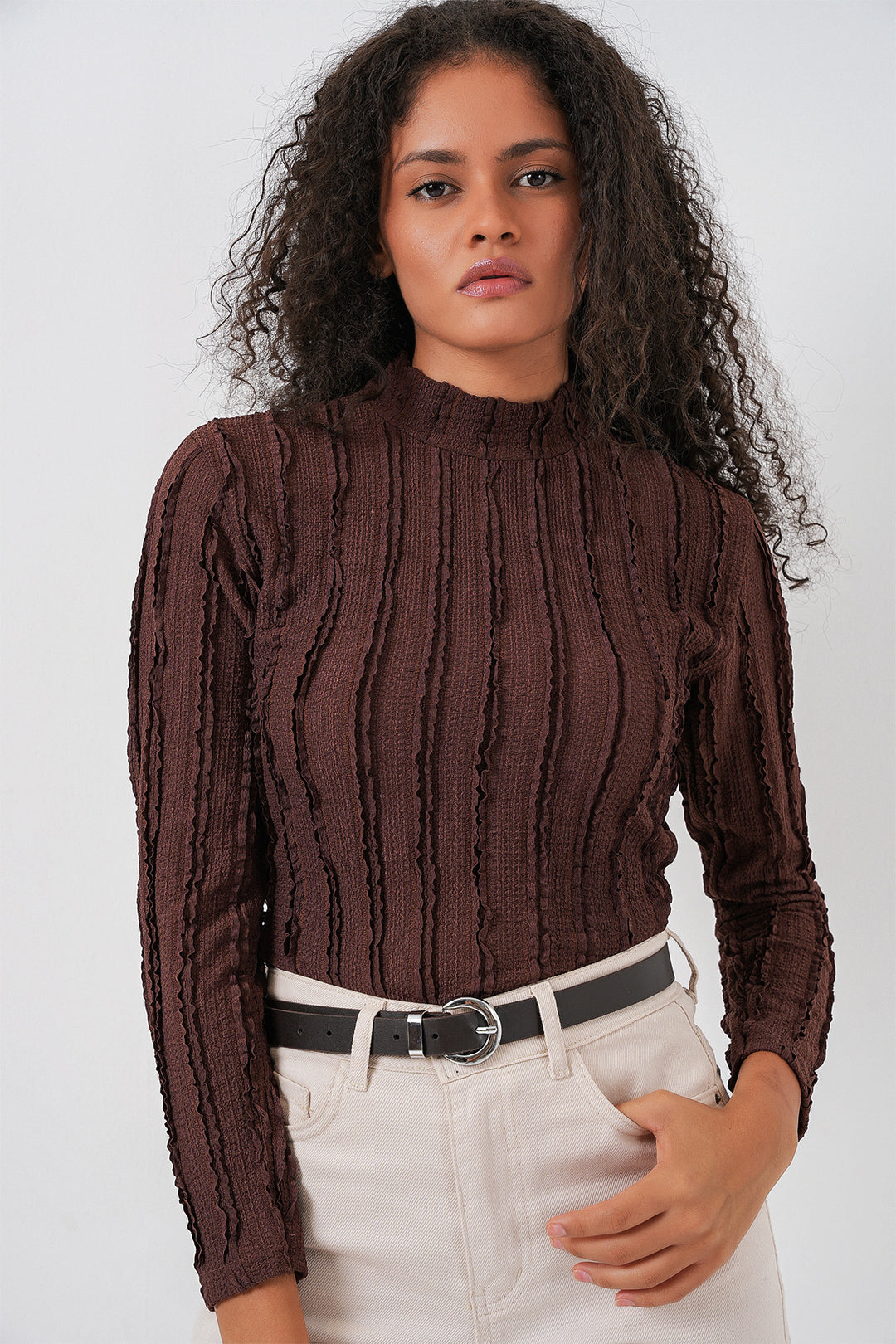 BGD Women Women's Textured Knit Flexible Blouse 975 - Brown - Davis