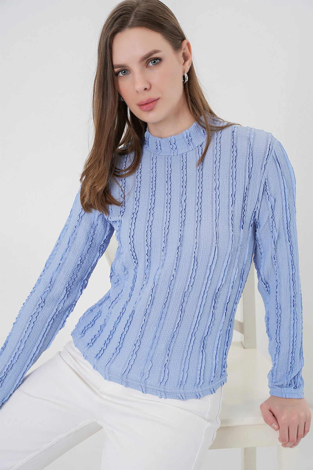 BGD Women Women's Textured Knit Flexible Blouse 975 - Blue - Methuen Town