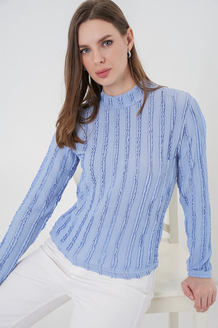 BGD Women Women's Textured Knit Flexible Blouse 975 - Blue - Methuen Town