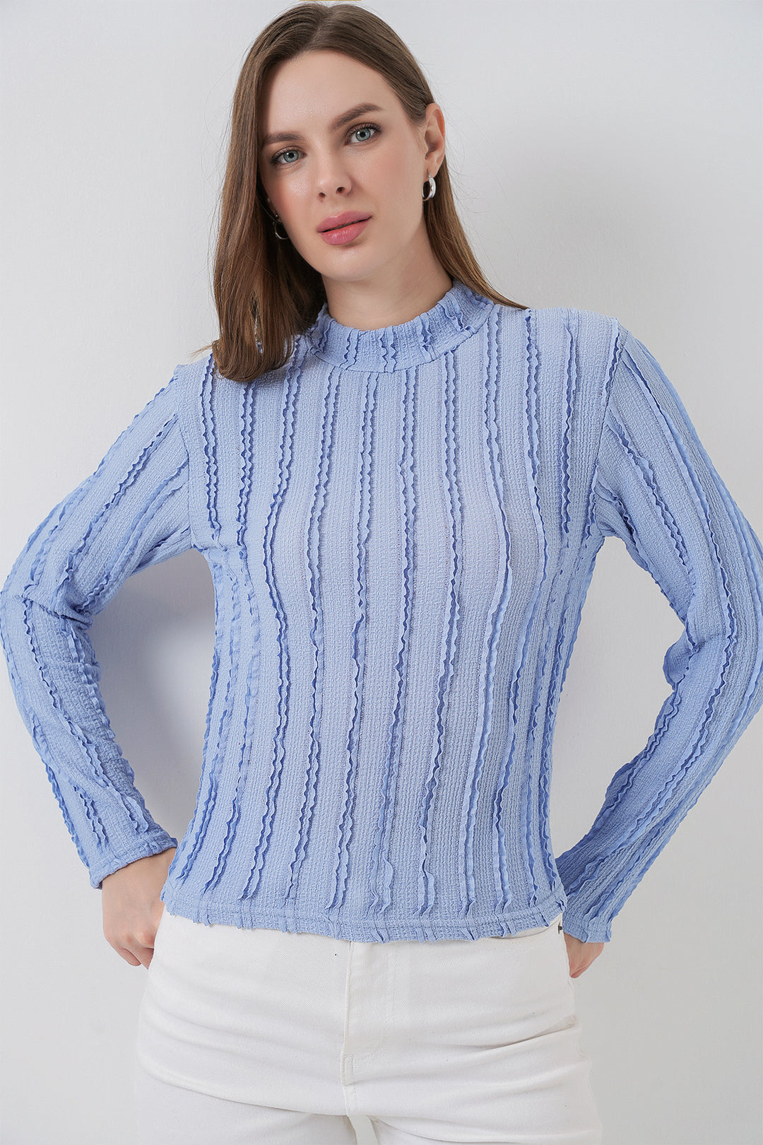 BGD Women Women's Textured Knit Flexible Blouse 975 - Blue - Methuen Town