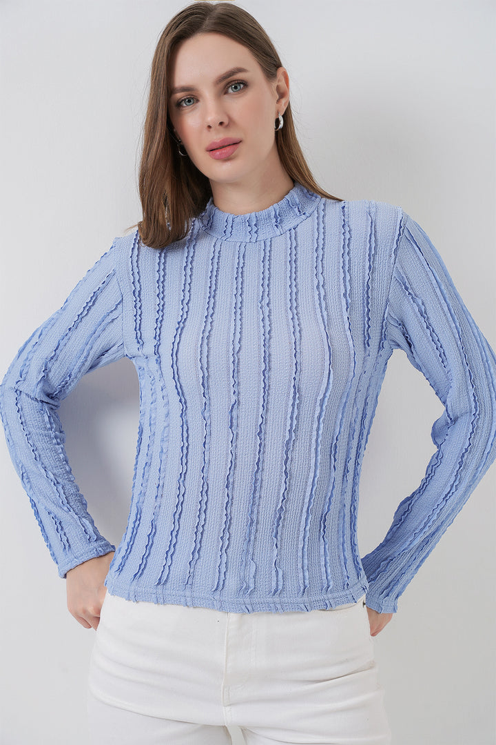 BGD Women Women's Textured Knit Flexible Blouse 975 - Blue - Methuen Town