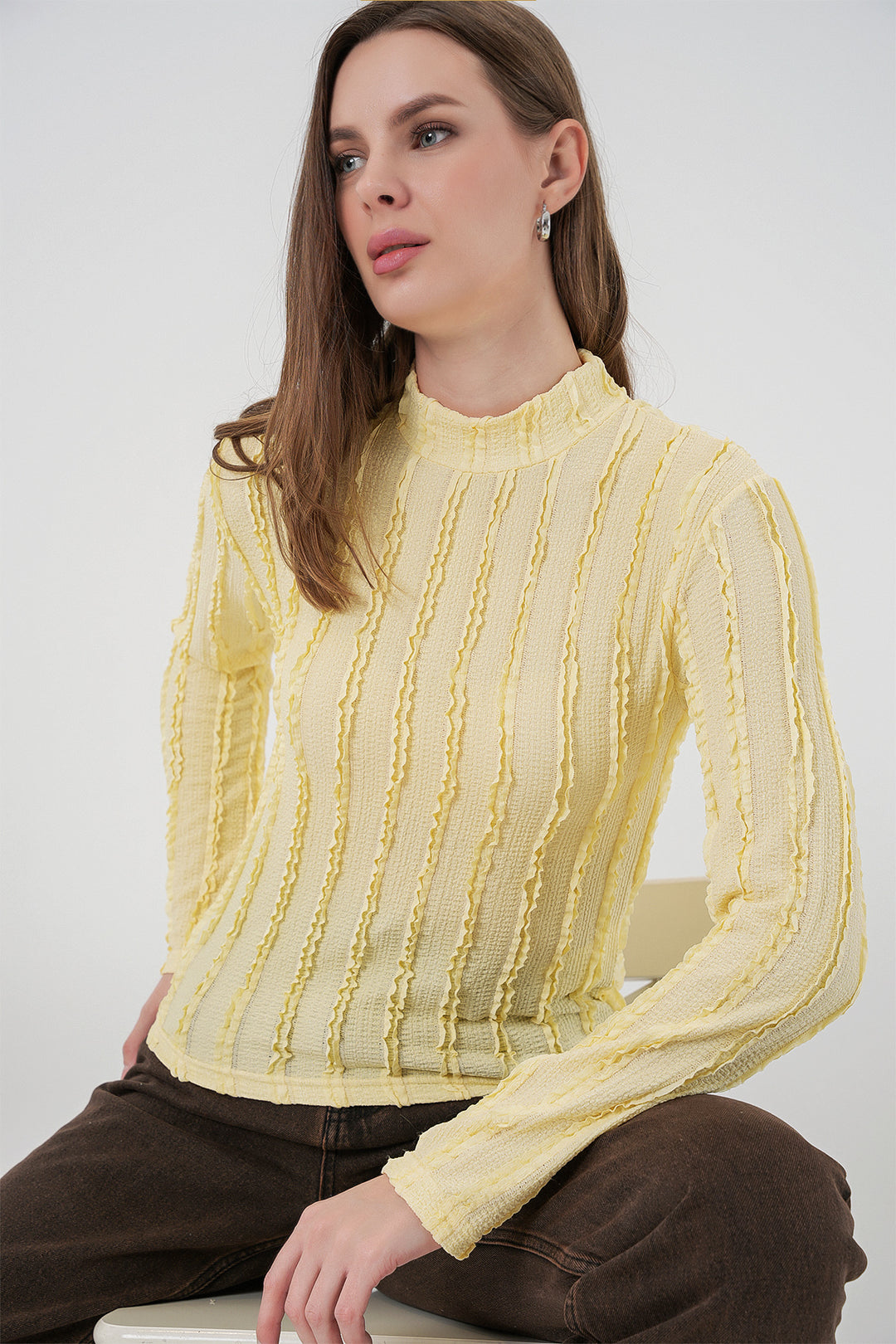 BGD Women Women's Textured Flexible Knit Blouse 975 - Yellow - Kehl