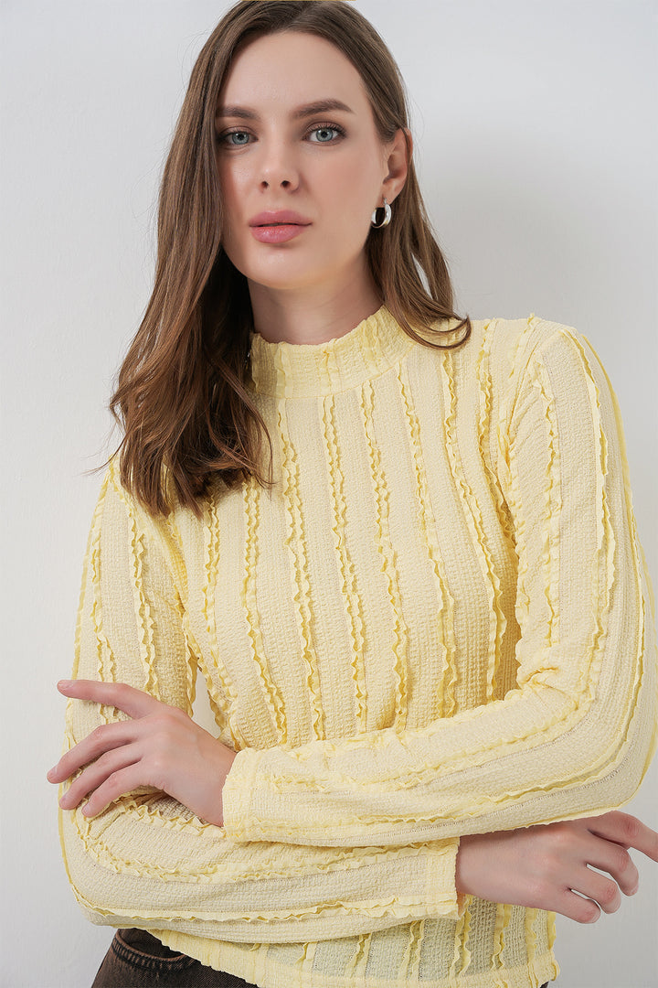 BGD Women Women's Textured Flexible Knit Blouse 975 - Yellow - Kehl