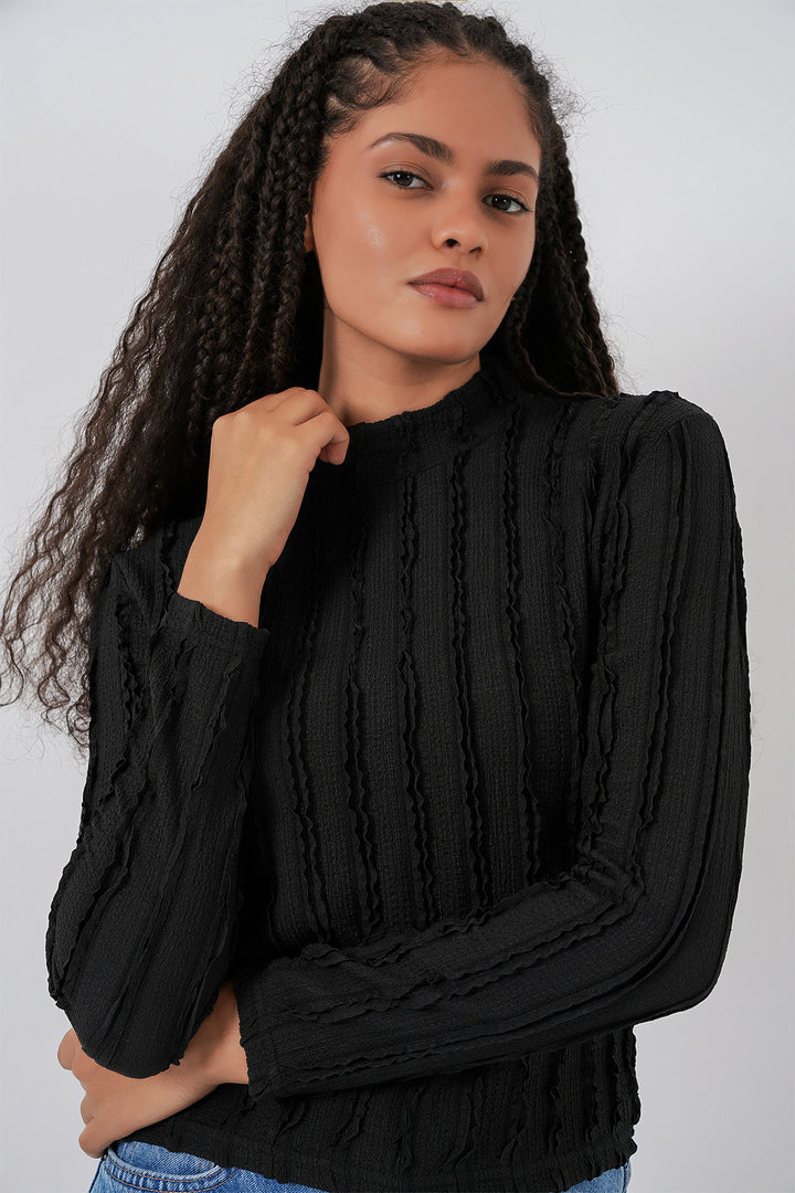 BGD Women Women's Textured Flexible Knit Blouse 975 - Black - Addison