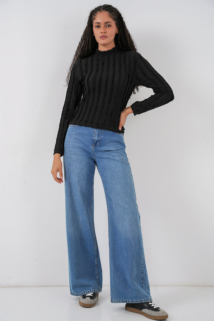 BGD Women Women's Textured Flexible Knit Blouse 975 - Black - Addison