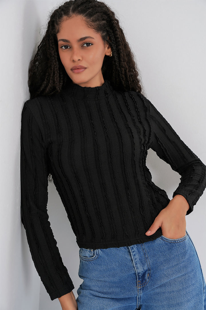 BGD Women Women's Textured Flexible Knit Blouse 975 - Black - Addison