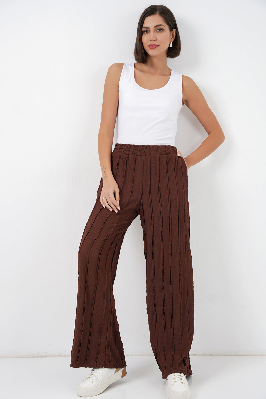 BGD Women Kadın Dokulu Esnek Örme Pantolon 30077 - Kahverengi - Narbonne