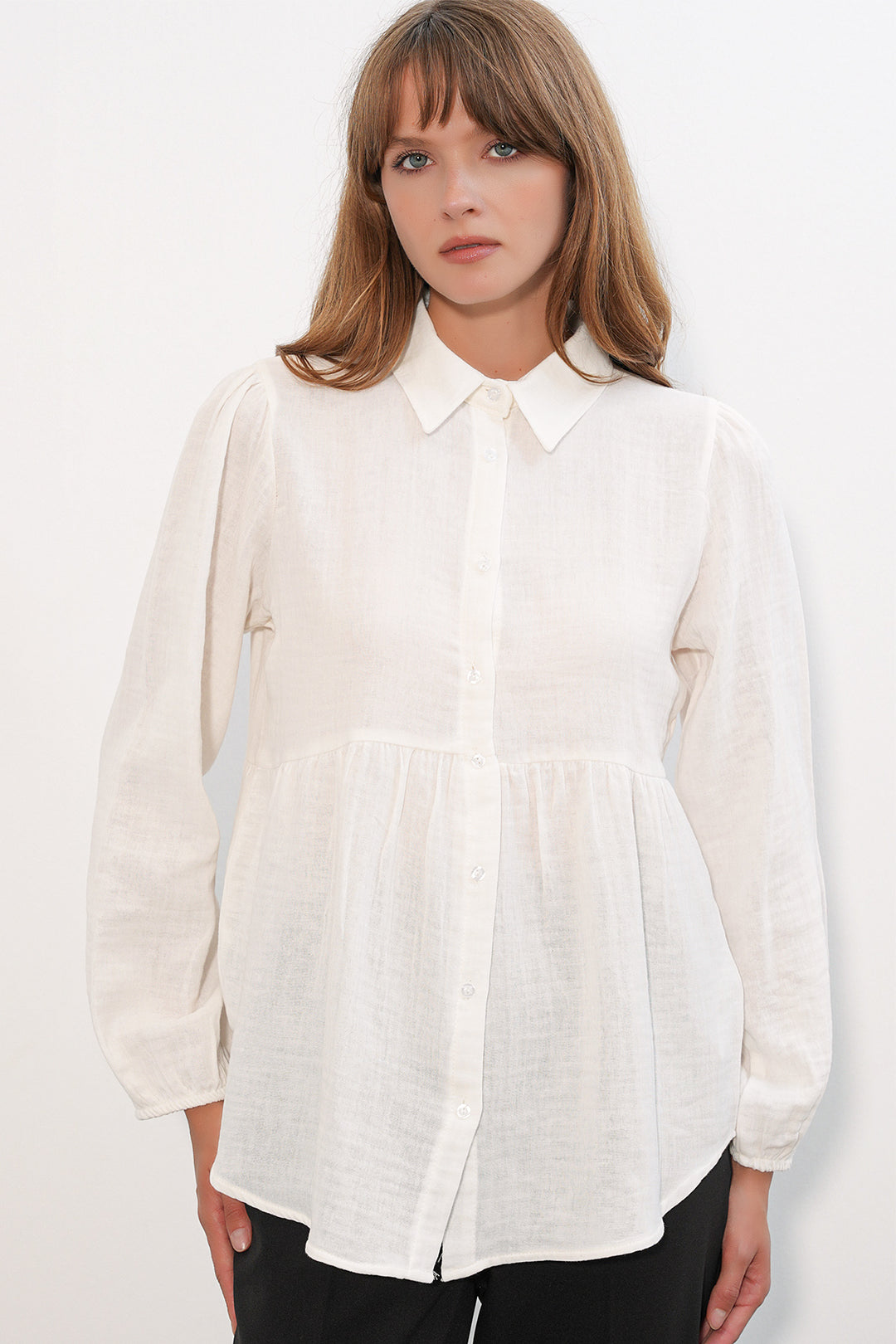 BGD Women Kadın Dokulu Oversize Keten Gömlek 20381 - Beyaz - Hilo