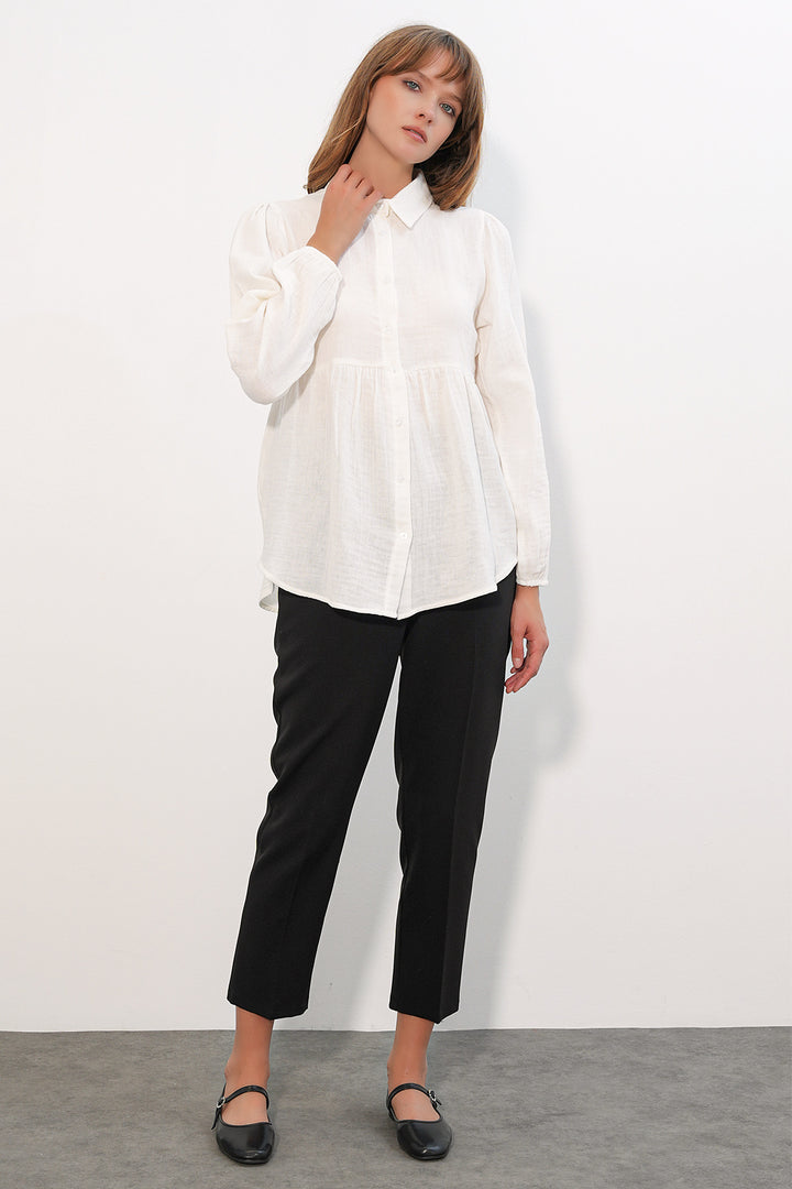 BGD Women Kadın Dokulu Oversize Keten Gömlek 20381 - Beyaz - Hilo