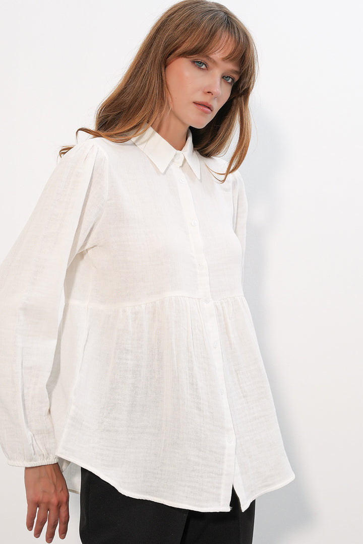 BGD Women Kadın Dokulu Oversize Keten Gömlek 20381 - Beyaz - Hilo