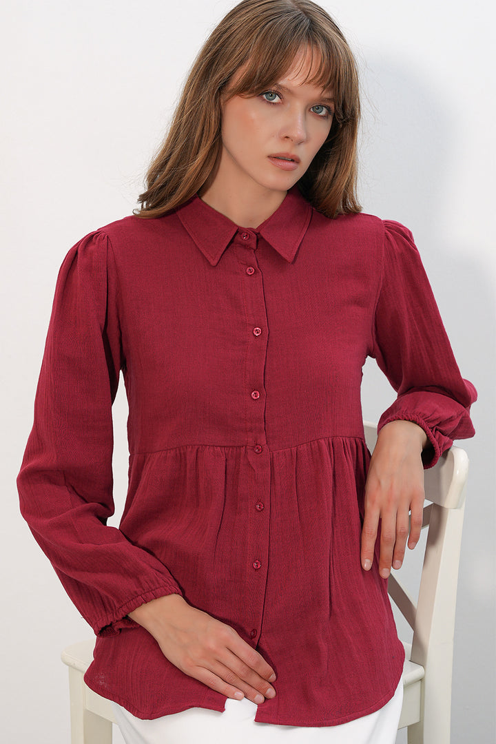 BGD Women Kadın Dokulu Oversize Keten Gömlek 20381 - Bordo - Huntington Station