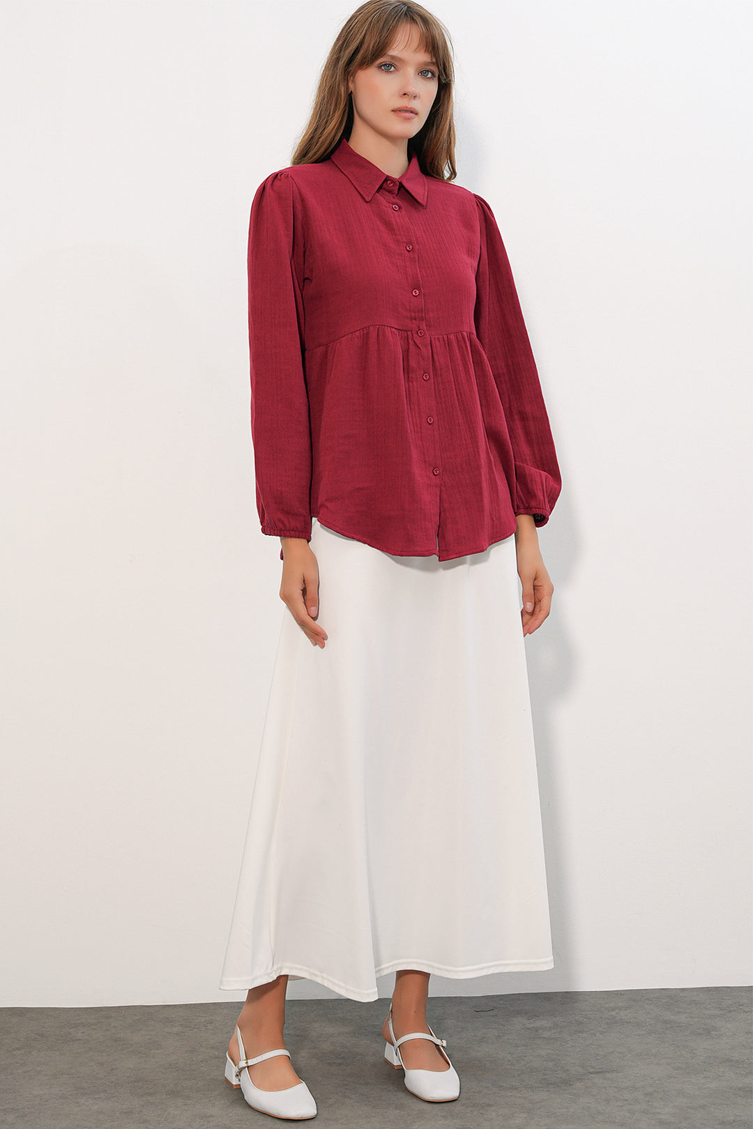 BGD Women Kadın Dokulu Oversize Keten Gömlek 20381 - Bordo - Huntington Station
