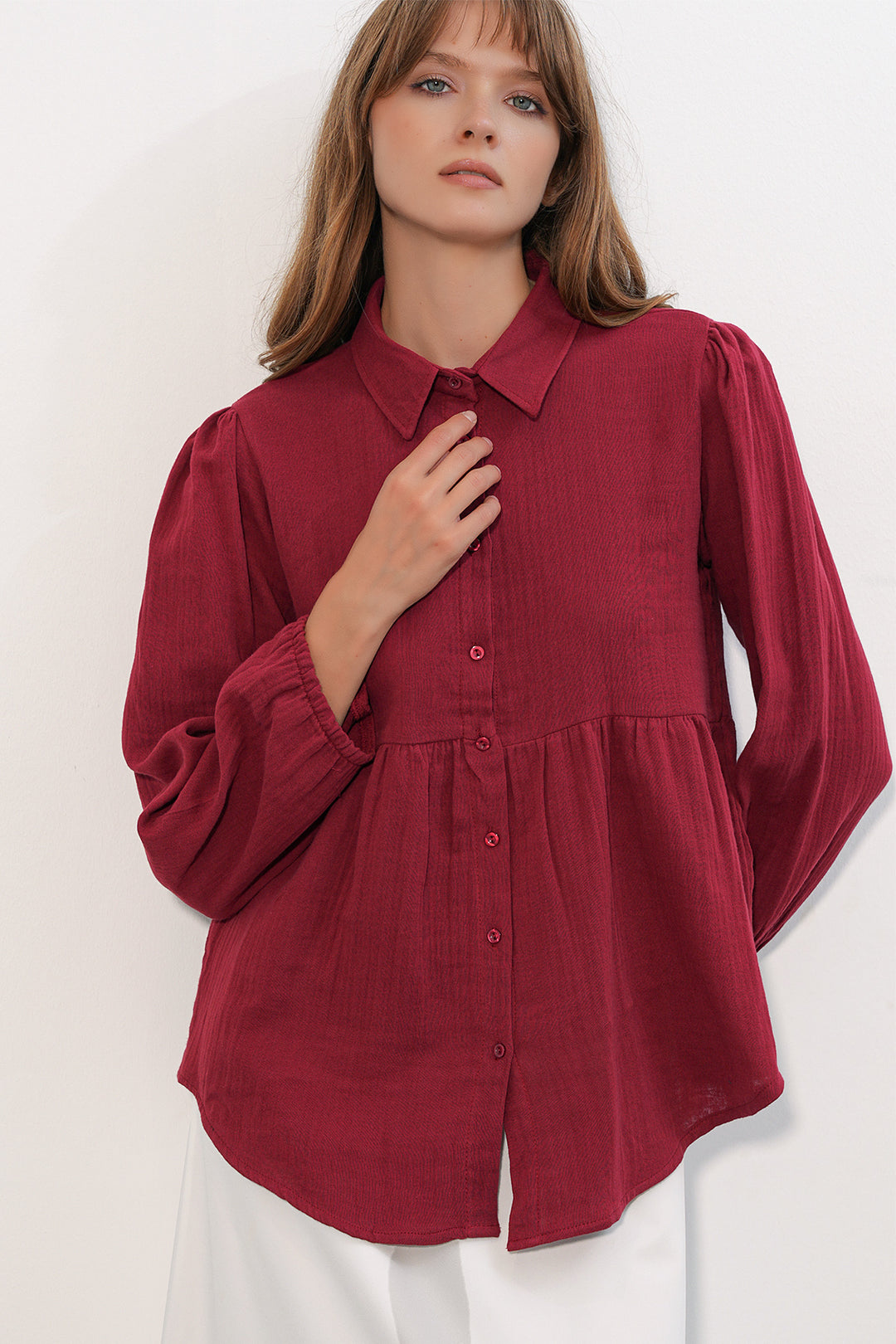 BGD Women Kadın Dokulu Oversize Keten Gömlek 20381 - Bordo - Huntington Station