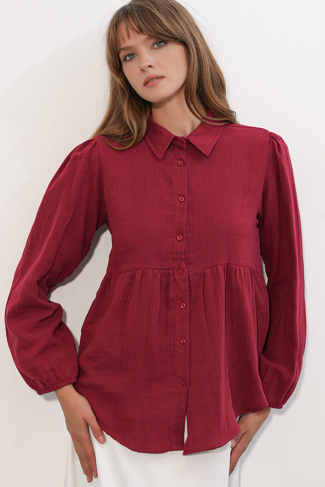 BGD Women Kadın Dokulu Oversize Keten Gömlek 20381 - Bordo - Huntington Station