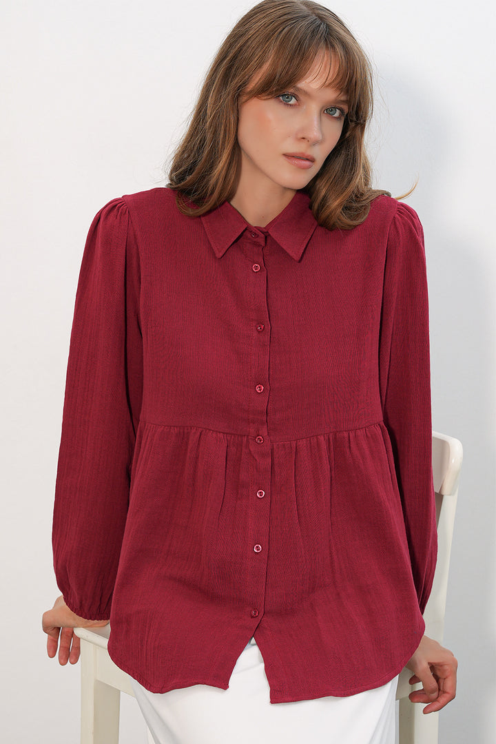 BGD Women Kadın Dokulu Oversize Keten Gömlek 20381 - Bordo - Huntington Station