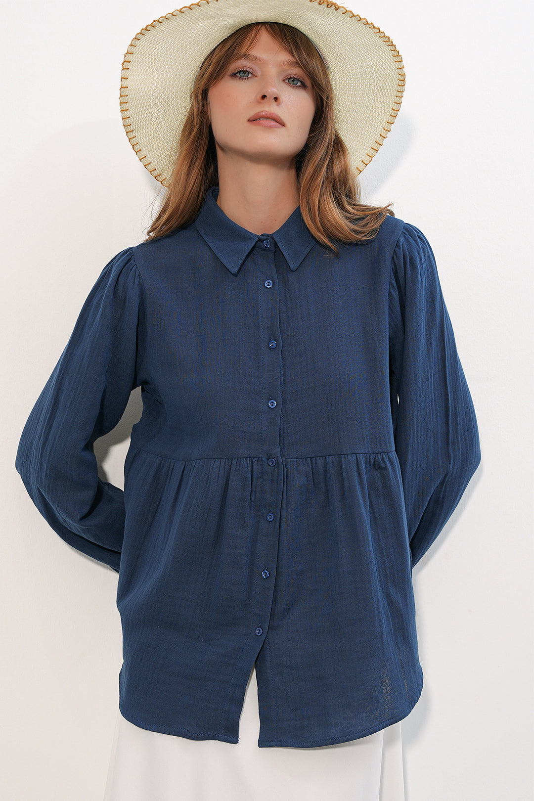 BGD Women Kadın Dokulu Oversize Keten Gömlek 20381 - Lacivert - Hickory