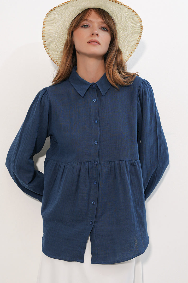 BGD Women Kadın Dokulu Oversize Keten Gömlek 20381 - Lacivert - Hickory