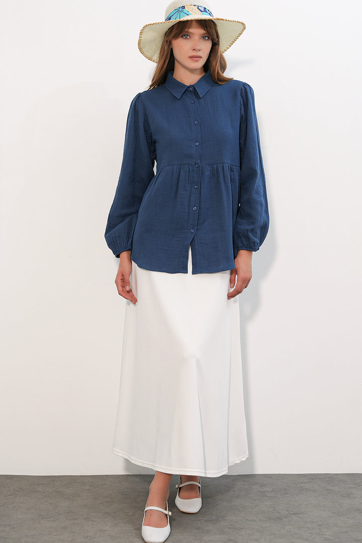 BGD Women Kadın Dokulu Oversize Keten Gömlek 20381 - Lacivert - Hickory