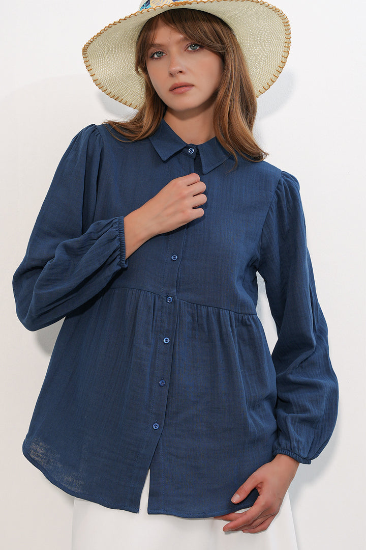 BGD Women Kadın Dokulu Oversize Keten Gömlek 20381 - Lacivert - Hickory