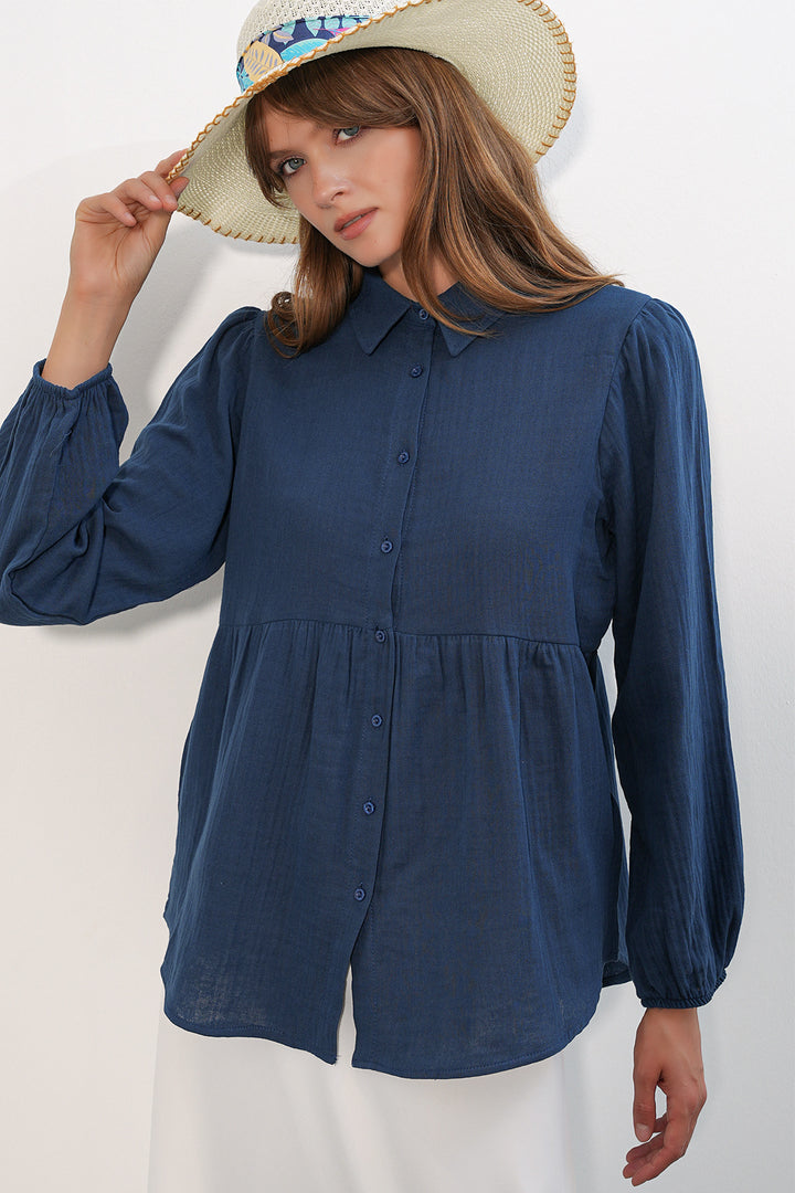 BGD Women Kadın Dokulu Oversize Keten Gömlek 20381 - Lacivert - Hickory