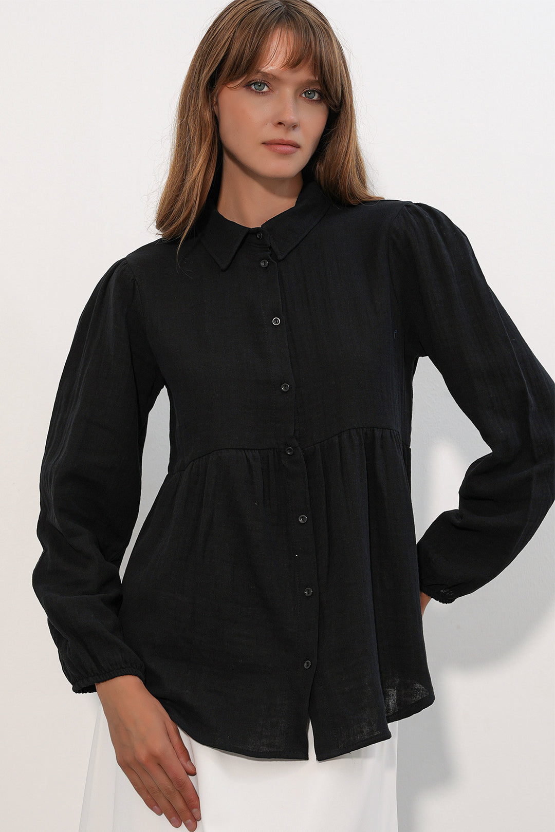 BGD Women Kadın Dokulu Oversize Keten Gömlek 20381 - Siyah - Utrecht