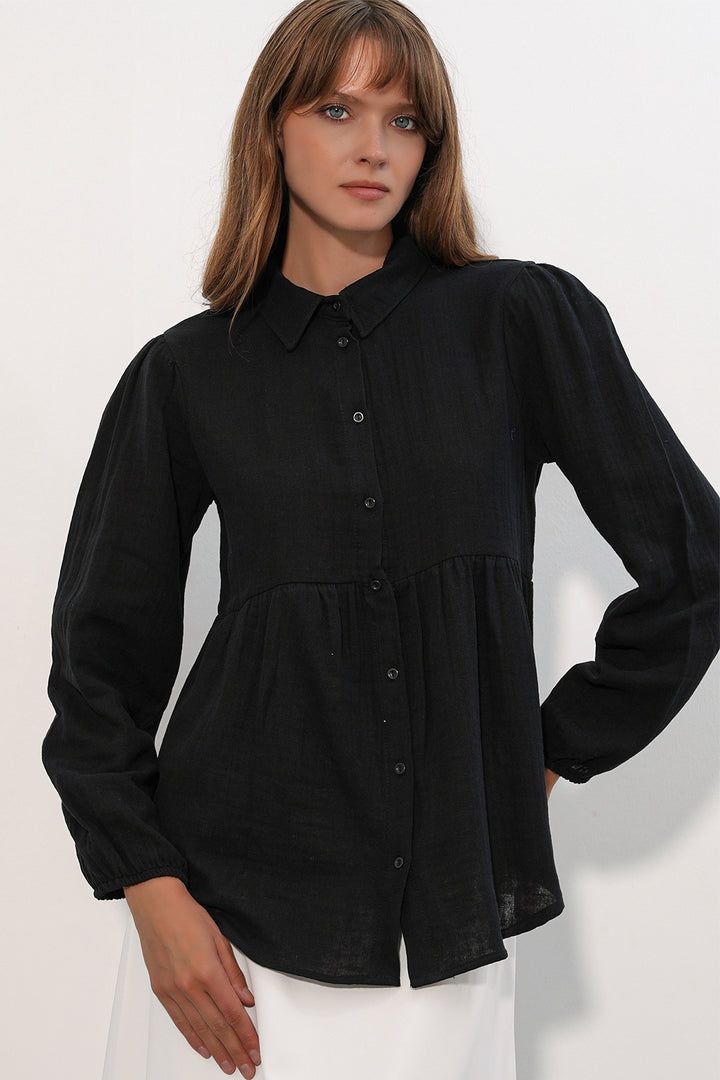BGD Women Kadın Dokulu Oversize Keten Gömlek 20381 - Siyah - Utrecht