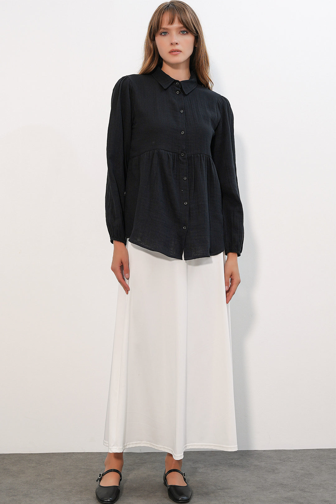 BGD Women Kadın Dokulu Oversize Keten Gömlek 20381 - Siyah - Utrecht