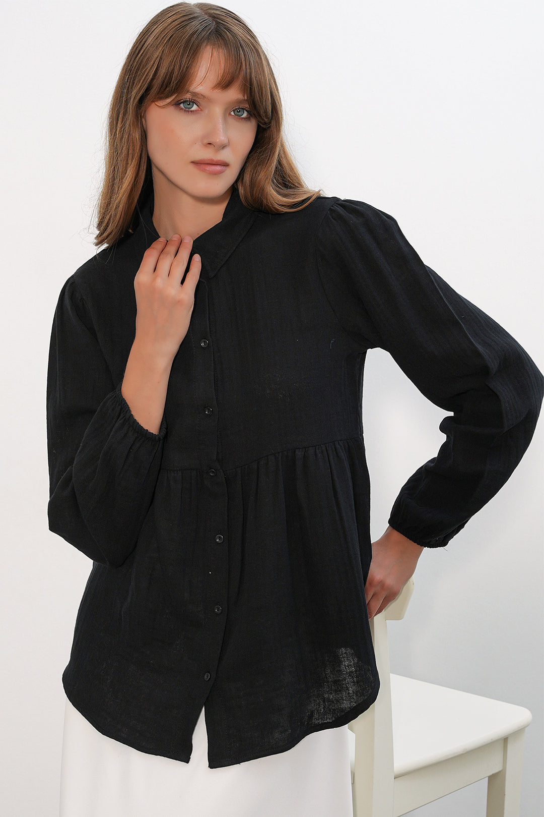 BGD Women Kadın Dokulu Oversize Keten Gömlek 20381 - Siyah - Utrecht