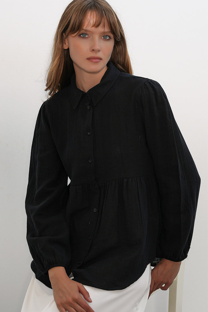 BGD Women Kadın Dokulu Oversize Keten Gömlek 20381 - Siyah - Utrecht