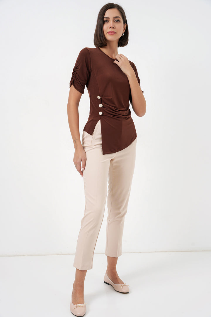 BGD Women Kadın Düğme Detaylı Sandy Bluz 992 - Kahverengi - Riverhead