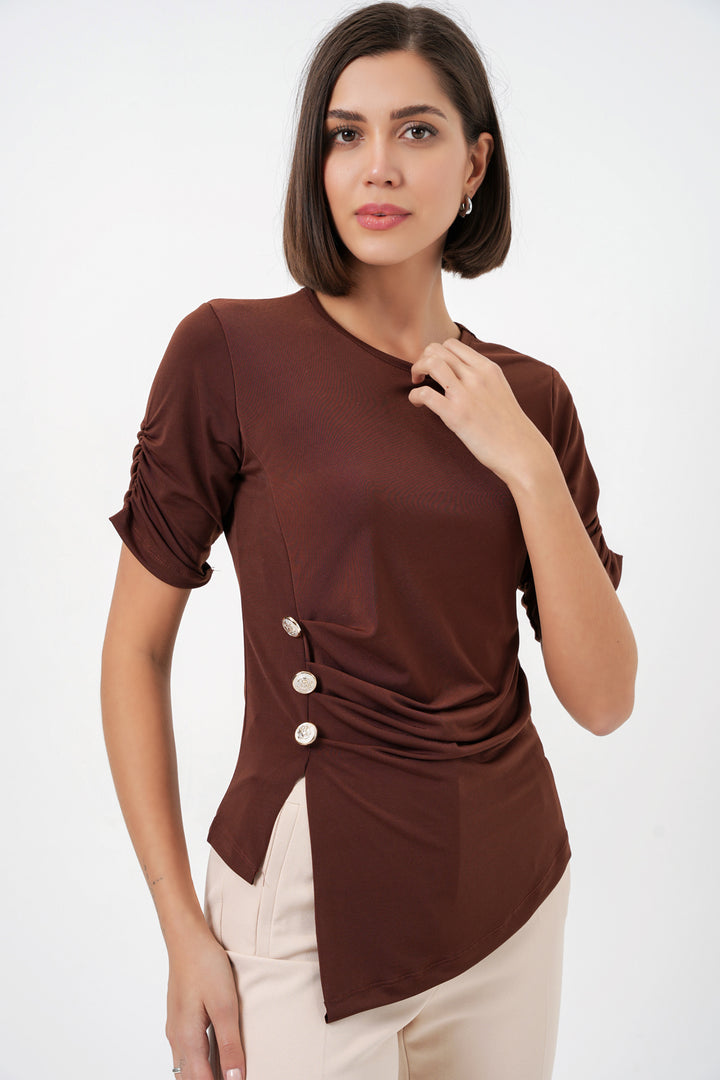BGD Women Kadın Düğme Detaylı Sandy Bluz 992 - Kahverengi - Riverhead