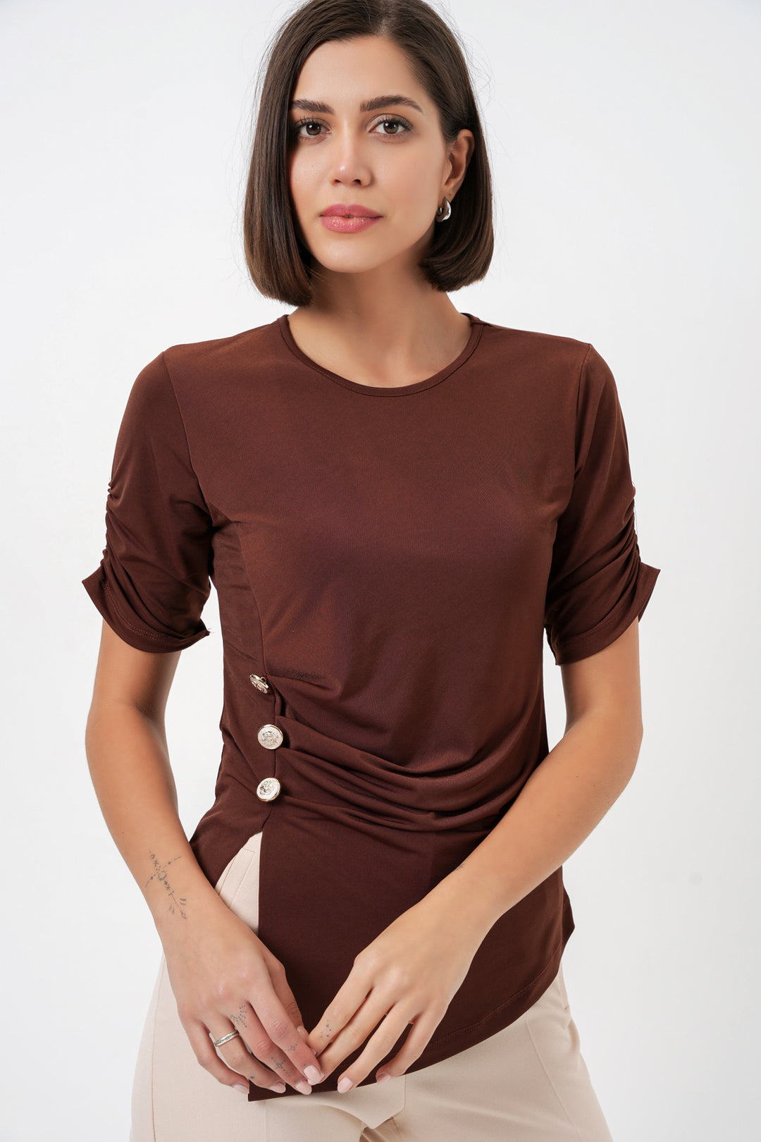 BGD Women Kadın Düğme Detaylı Sandy Bluz 992 - Kahverengi - Riverhead