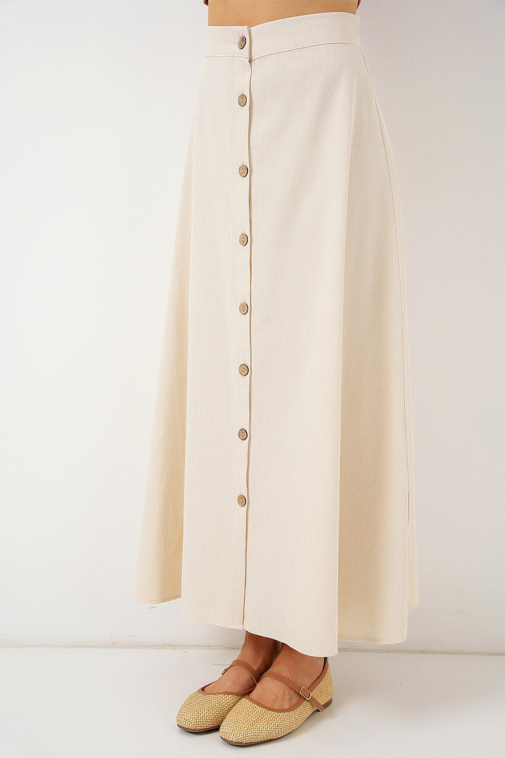 BGD Women Woman Buttoned Linen Long Skirt 8046 - Cream - Irákleio