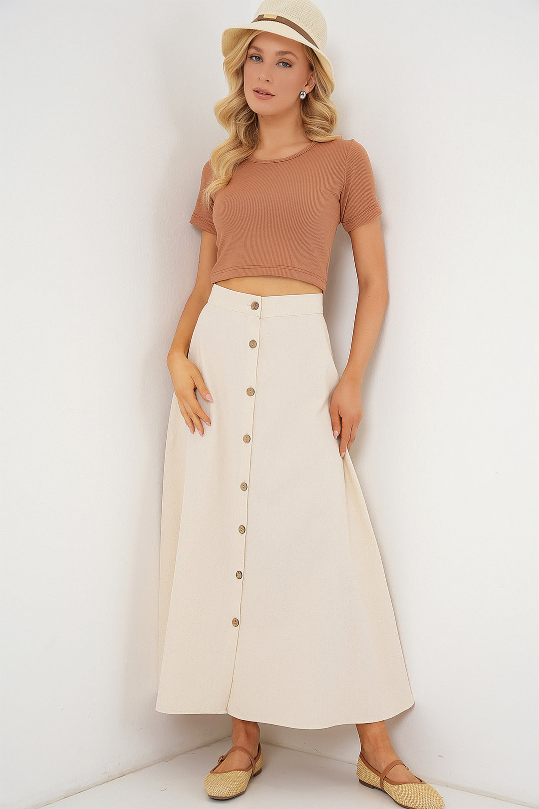 BGD Women Woman Buttoned Linen Long Skirt 8046 - Cream - Irákleio